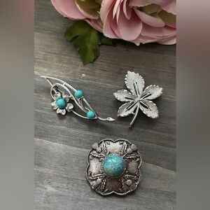 Silver and Turquoise Brooch Set Vintage